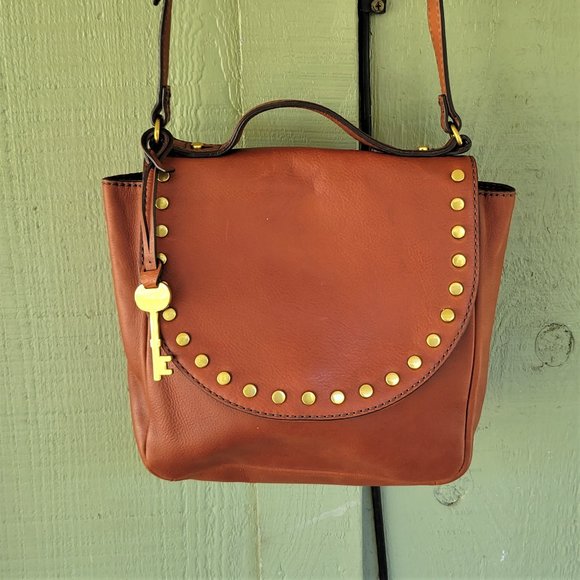 FOSSIL Tan Brown Leather Crossbody Flap Bag - Picture 1 of 8